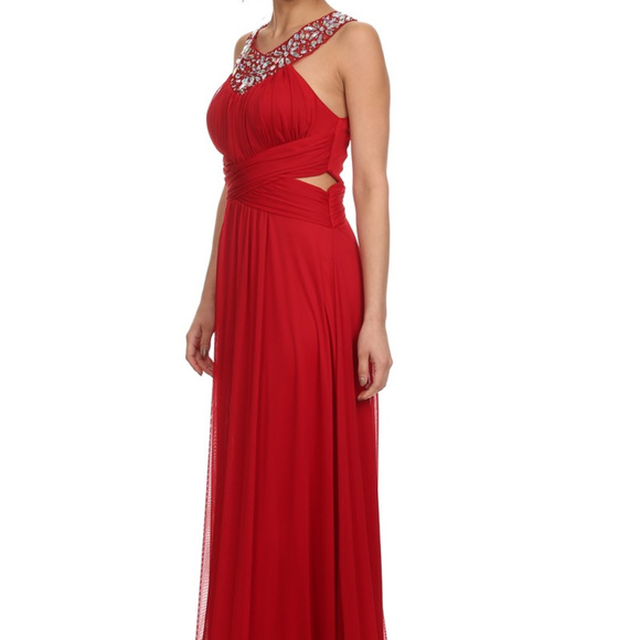 Long Red Chiffon Peek a Boo Sides Jewels Neckline - Picture 3 of 5